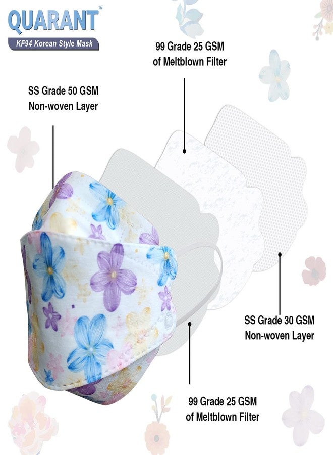QUARANT Dual Meltblown Fabric KF94 Korean Style Designer Face Mask with Nose Clip and Travel Pouch (Floral Bliss Combo, Multicolour, Pack of 10) for Unisex - Image 4